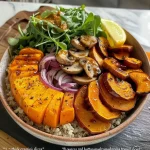 Close-up view of a grain bowl featuring spiced squash, mushrooms, and yogurt.