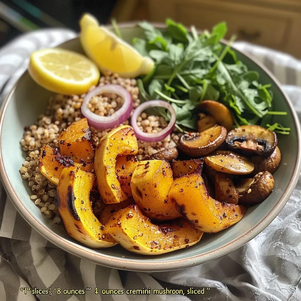 Side angle of a grain bowl with roasted delicata squash, sautéed mushrooms, and greens.