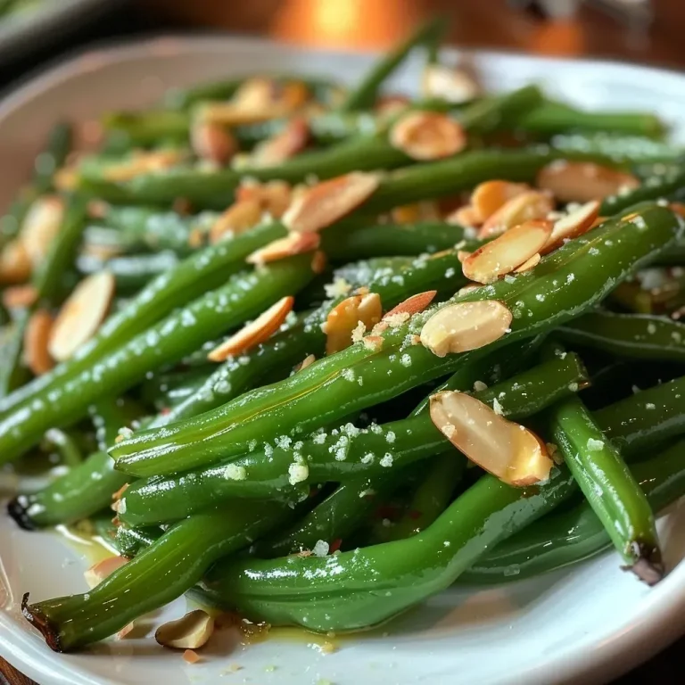 A Heartwarming Bowl of Green Beans Almondine: A Family Tradition Close-up view of green beans almondine garnished with slivered almonds.