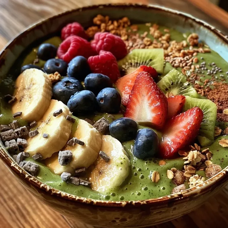 A Bowl of Sunshine: Crafting Joy with Every Green Smoothie Close-up view of a green smoothie bowl topped with fresh fruits and granola.