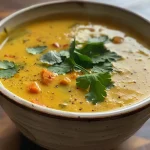 Close-up view of a bowl of ginger turmeric soup with vibrant colors.