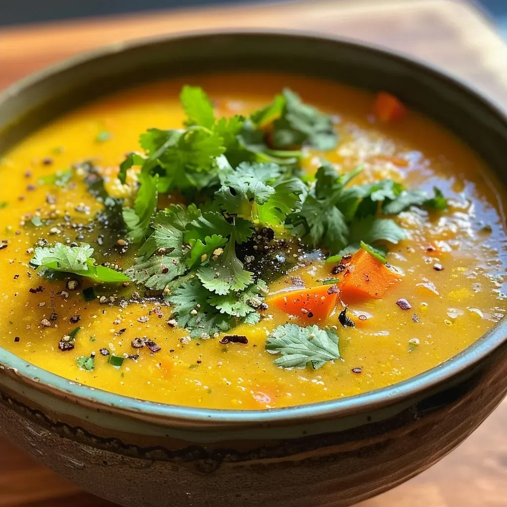 A delicious serving of Healing Ginger Turmeric Soup topped with fresh cilantro.