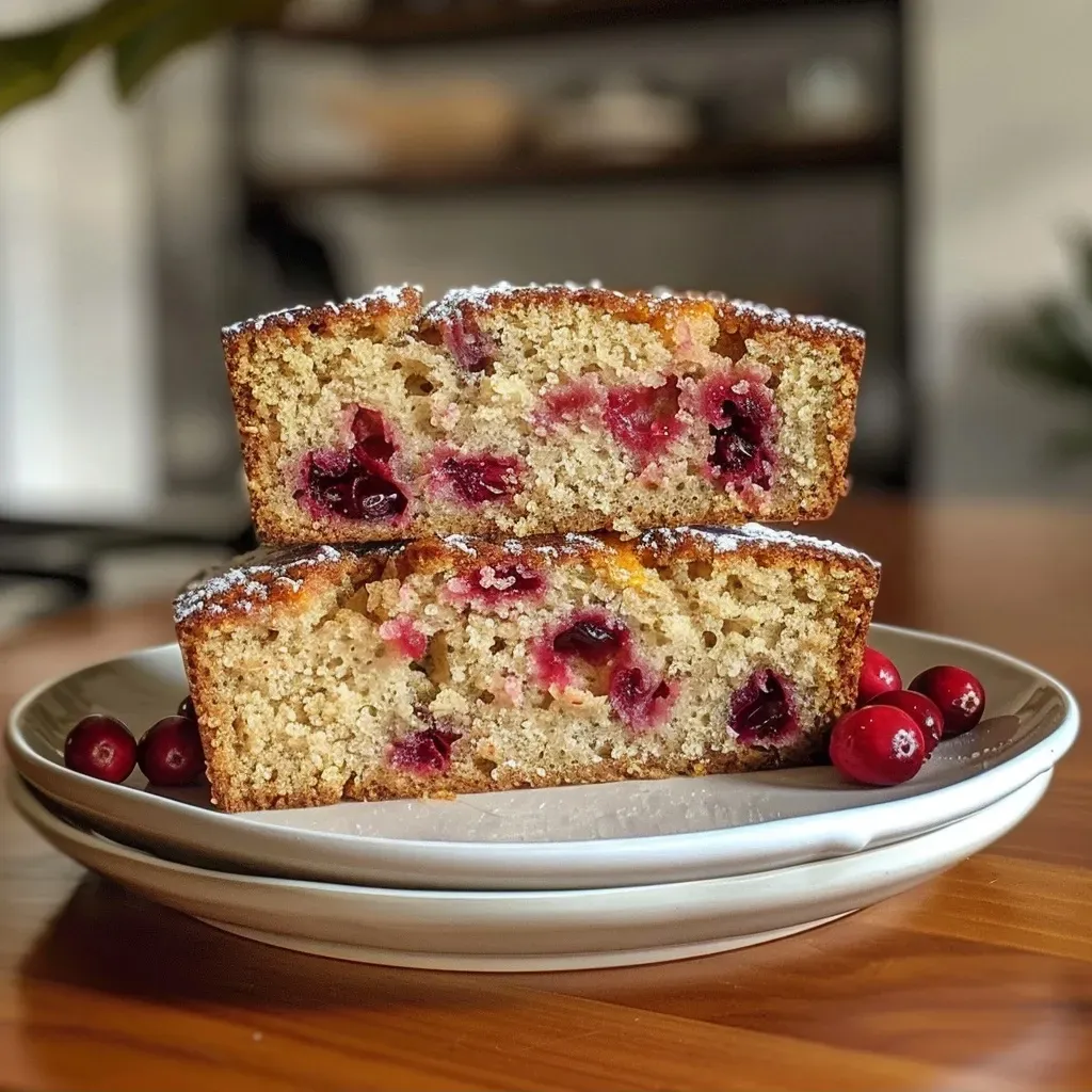 Side view of freshly baked cranberry orange bread, highlighting its golden crust and colorful fruit filling.