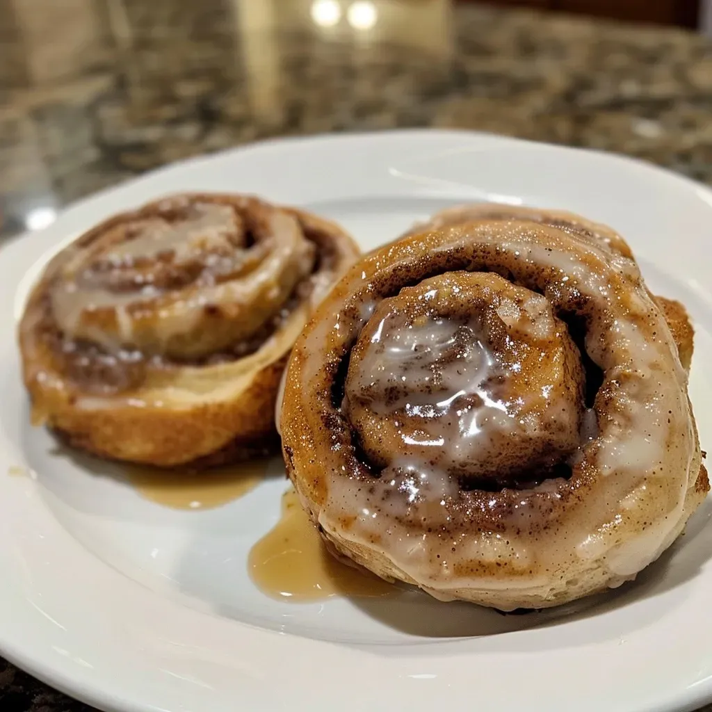 Side perspective of warm, fluffy gingerbread cinnamon rolls on a plate.