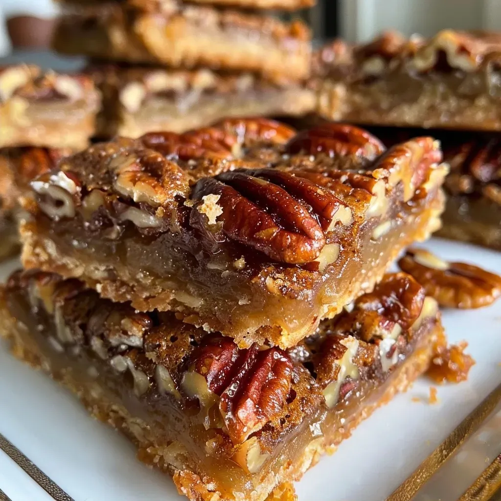 Juicy and delicious healthy pecan pie bars displayed on a rustic table.
