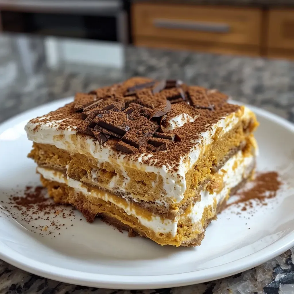 A detailed shot of Healthy Pumpkin Tiramisu showcasing its creamy layers and chocolate shavings.