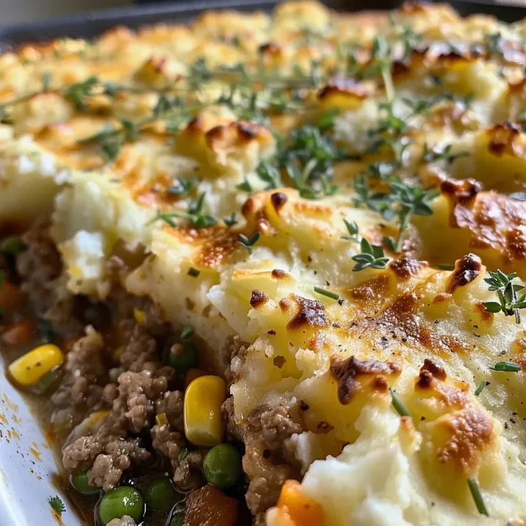A Heartwarming Twist on Shepherd’s Pie: Nourishing Love in Every Bite Close-up of a Healthy Shepherd's Pie with golden mashed potatoes and colorful vegetables.