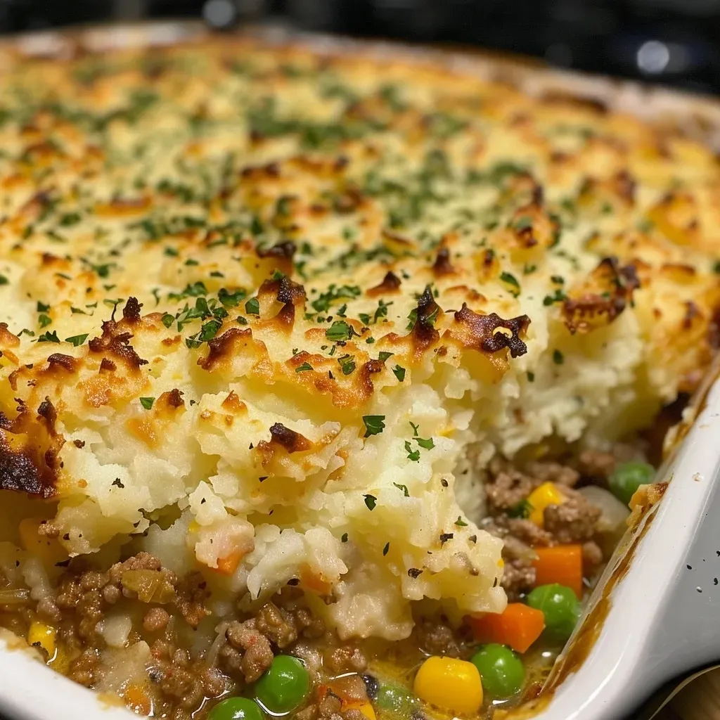 Side view of a Healthy Shepherd's Pie showcasing layers of turkey, peas, and carrots.