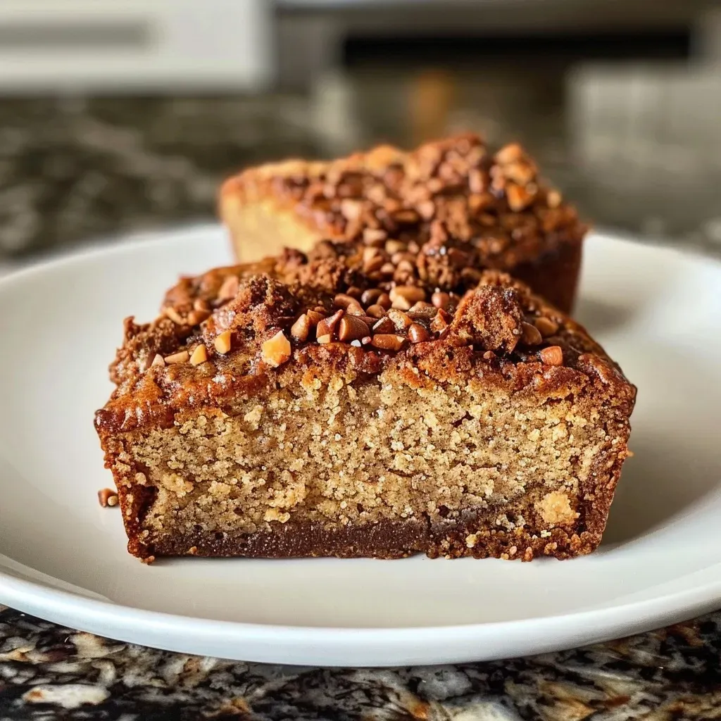 Side view of a moist coffee cake, highlighting the crumb and topping.