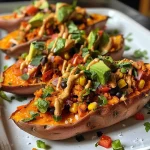 Close-up view of healthy sweet potato skins topped with vibrant ingredients.