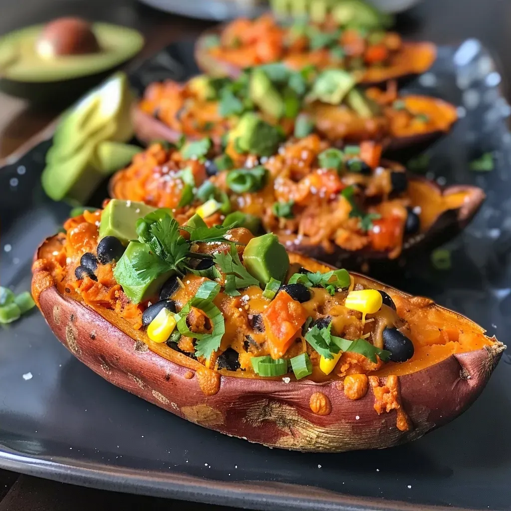 Side view of baked sweet potato skins filled with black beans, corn, and avocado.