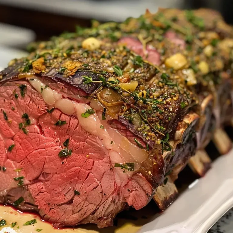Gathering Around the Table: The Herb-Crusted Prime Rib That Brings Us Together Close-up of a perfectly roasted prime rib with a herb crust.