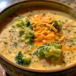 A vibrant bowl of High-Protein Broccoli Cheddar Soup with visible broccoli florets and melted cheese.