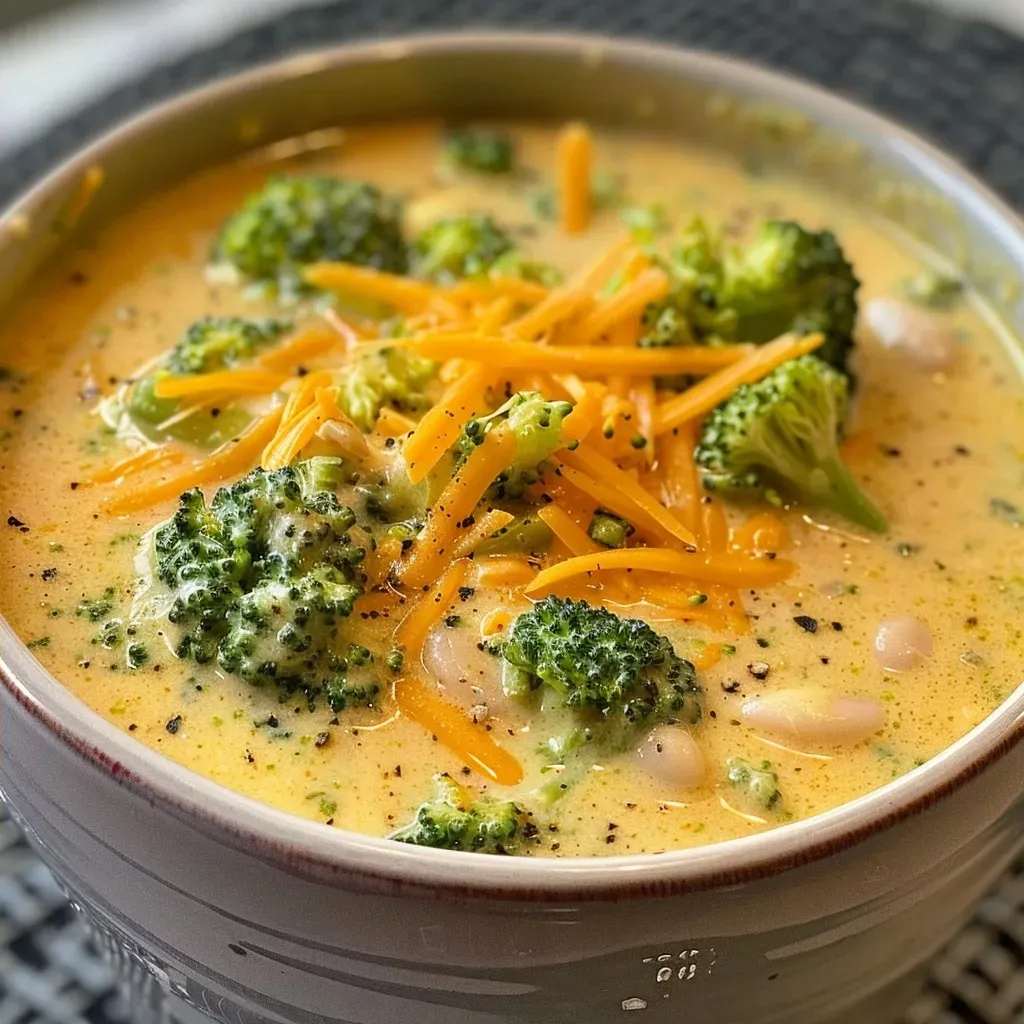 Close-up of creamy broccoli cheddar soup in a rustic bowl, showcasing chunks of broccoli and carrots.