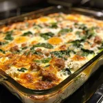 Close-up view of a high-protein egg bake with spinach and sausage.