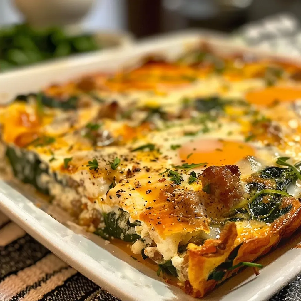 Side view of a delicious egg bake showcasing layers of cheese and greens.