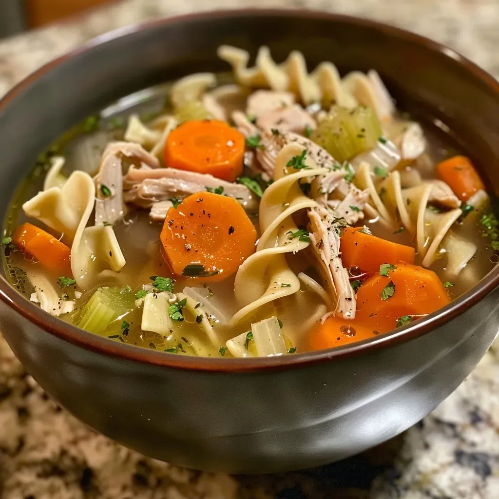 Side view of a steaming bowl filled with turkey noodle soup, showcasing the ingredients.