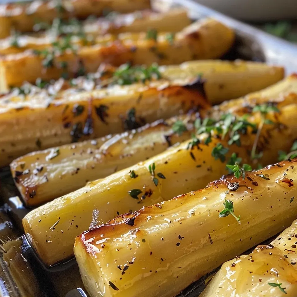 Side view of juicy roasted parsnips drizzled with honey.