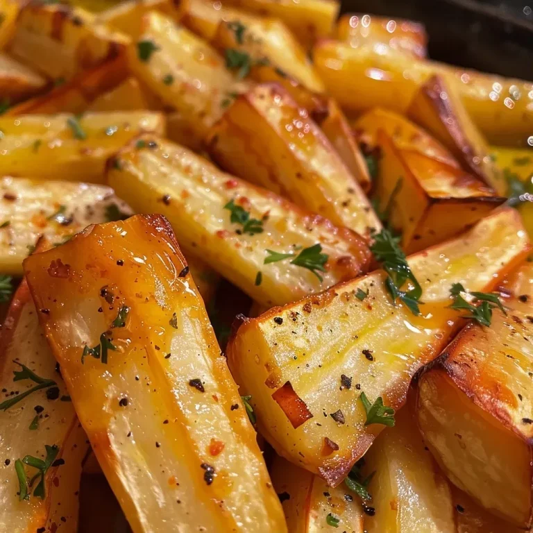 Close-up of golden-brown honey roast parsnips drizzled with honey.