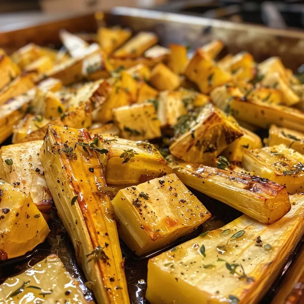 Side view of caramelized parsnips on a plate, glistening with honey and oil.