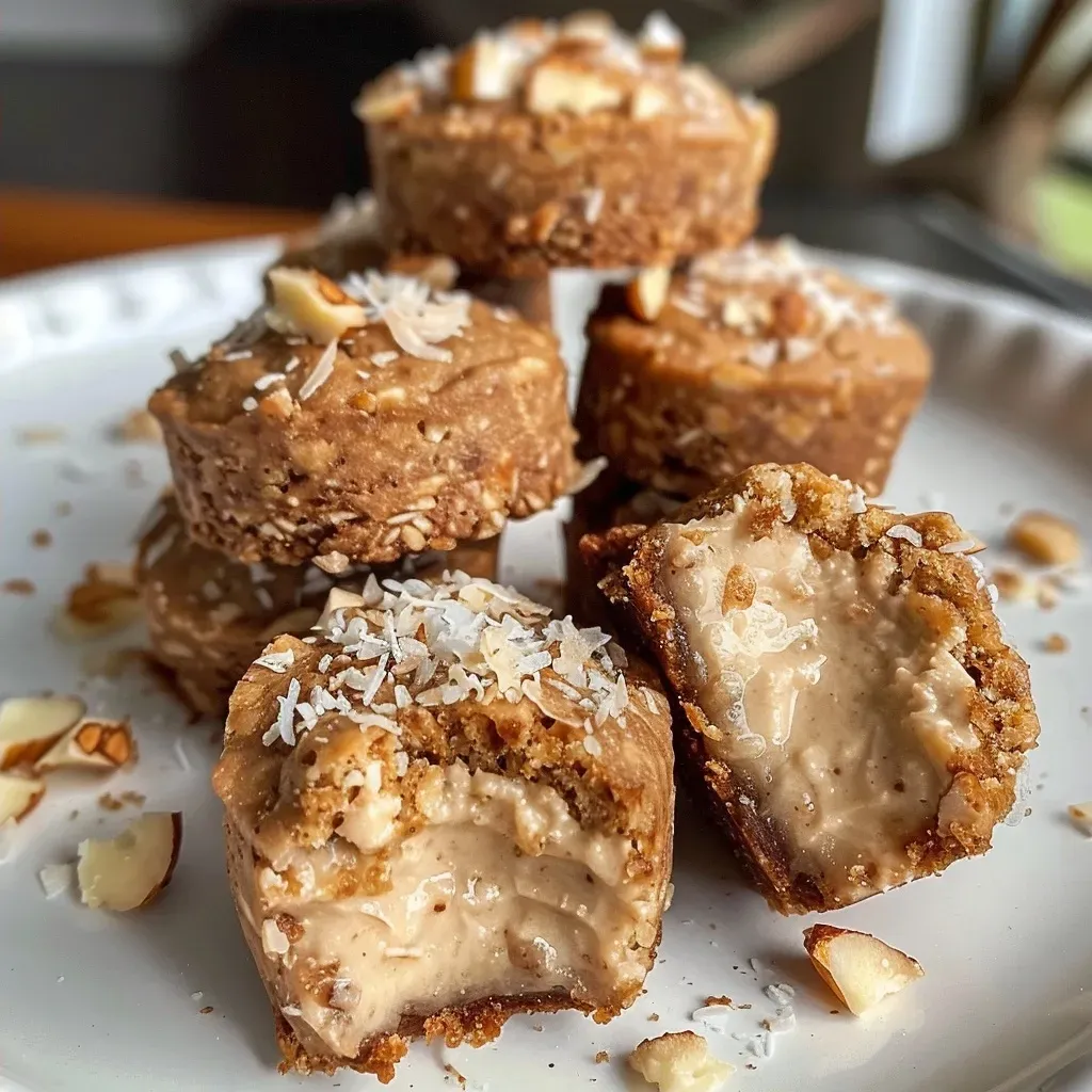 Side profile of glazed Keto Gingerbread Cheesecake Bites on a white plate.