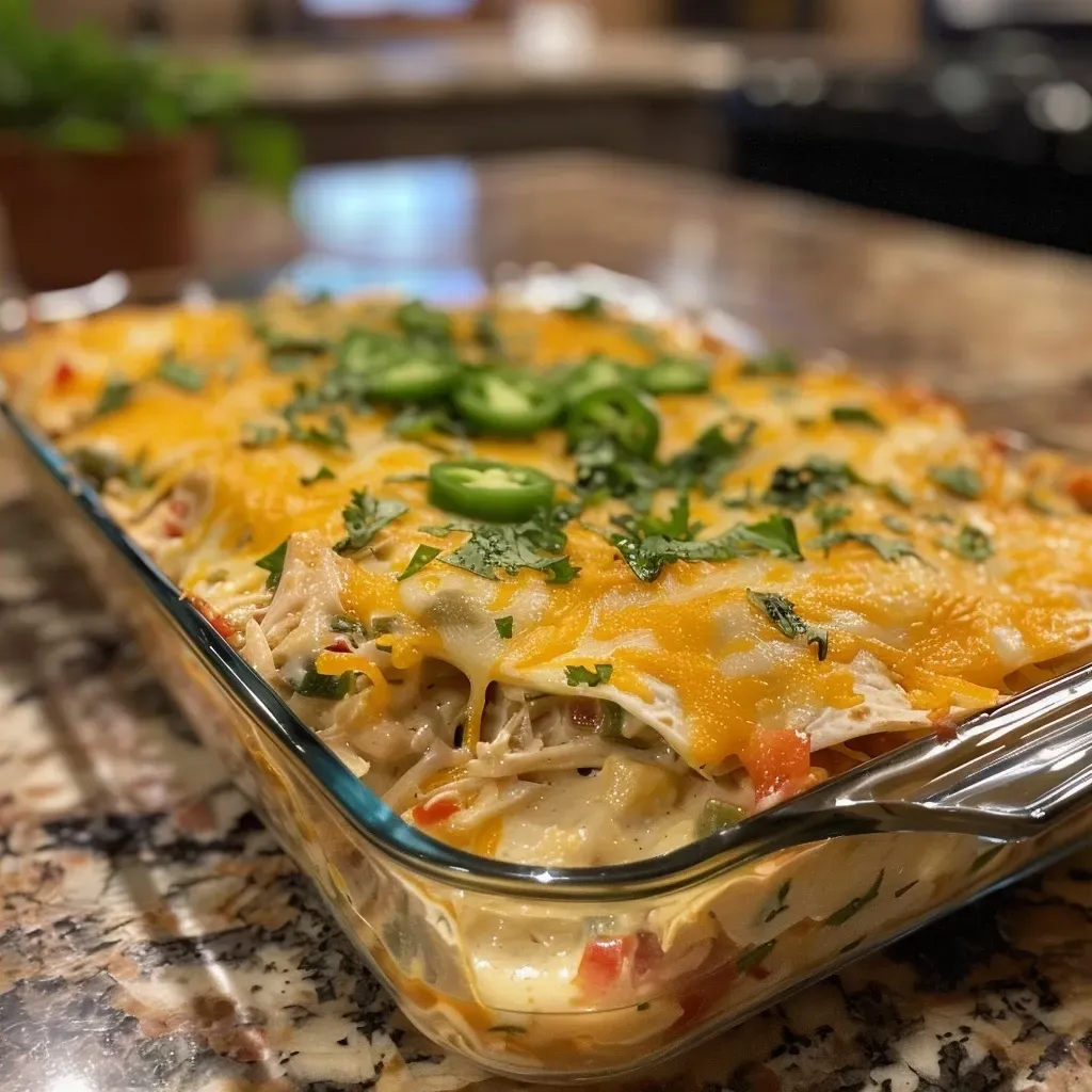 Side view of a delicious King Ranch Casserole filled with turkey and colorful ingredients.