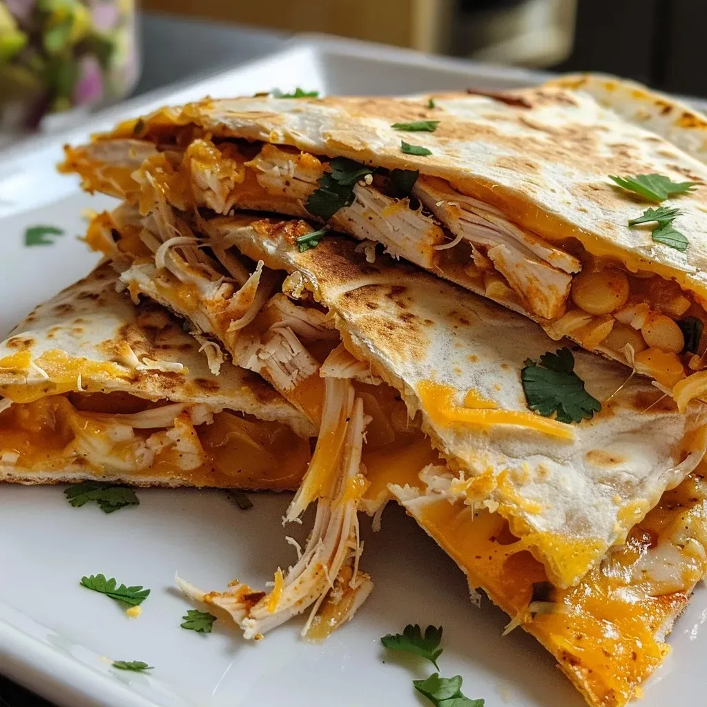 Juicy leftover turkey quesadillas served on a plate with salsa and guacamole.