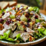 Close-up image of a vibrant leftover turkey salad with colorful ingredients.