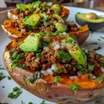 Close-up of loaded baked sweet potatoes topped with ground beef and avocado.