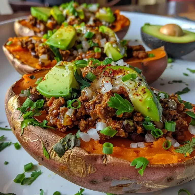 A Heartwarming Twist on Classic Baked Sweet Potatoes Close-up of loaded baked sweet potatoes topped with ground beef and avocado.