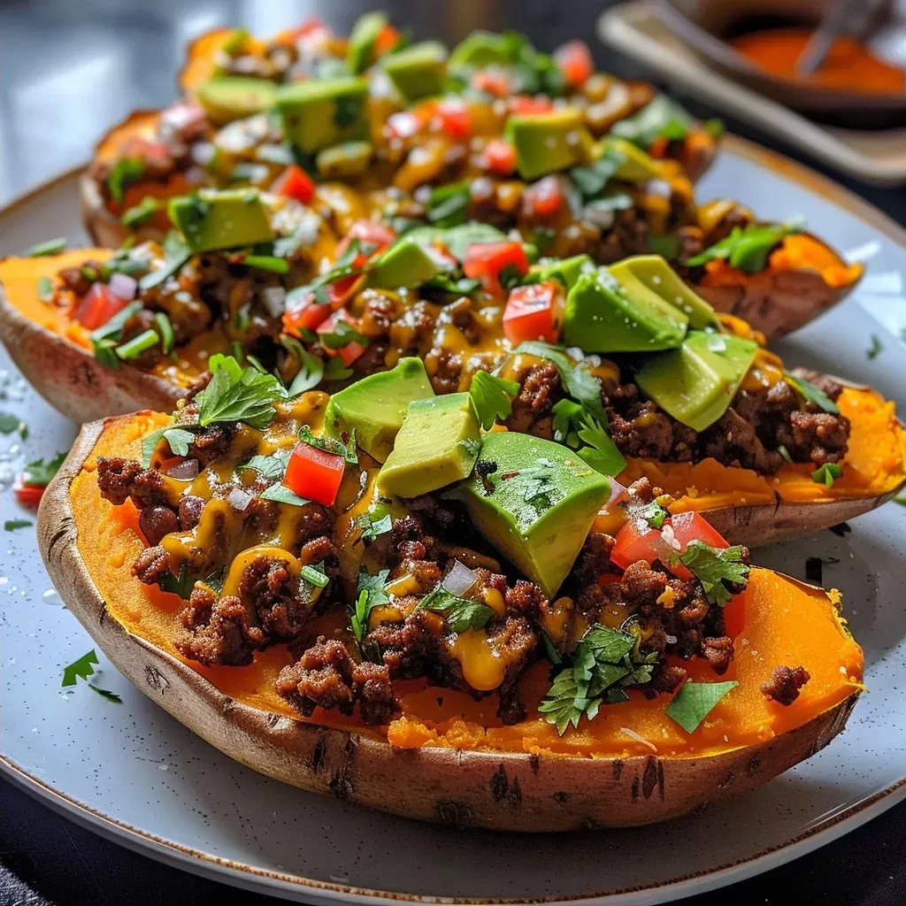 Side view of delicious loaded baked sweet potatoes garnished with cottage cheese and spices.
