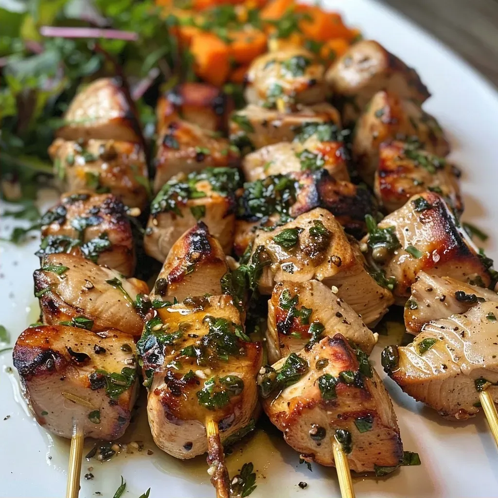 Close-up of low histamine turkey skewers on a plate, with a side of roasted sweet potato and coconut yogurt dip.