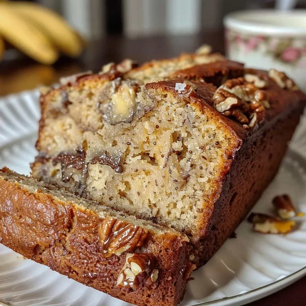 Slice of Maple Banana Bread with a moist interior, topped with a drizzle of maple syrup.