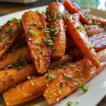 Side view of glazed carrots with a shiny maple bourbon glaze, garnished with chopped chives.