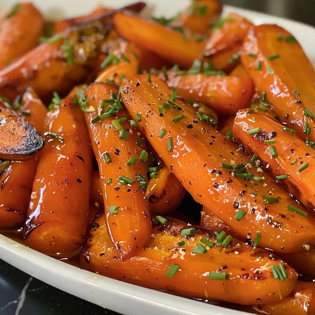 Close-up image of deliciously glazed carrots, showcasing their rich caramel color and glossy finish.