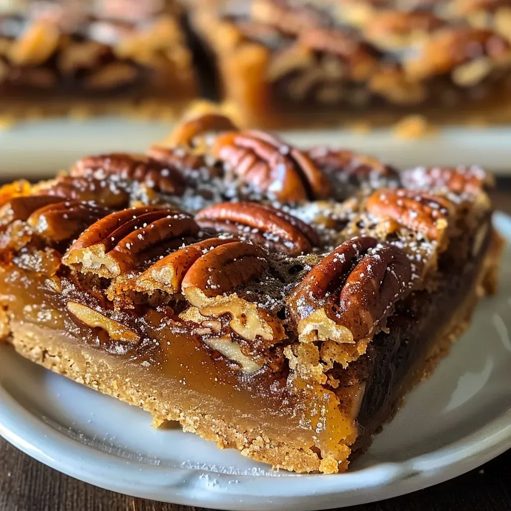 Side view of a slice of Maple Bourbon Pecan Pie Bar, showcasing pecans and glossy topping.