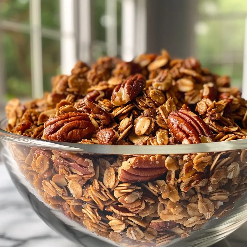Side view of crunchy granola made with oats, pecans, and a drizzle of maple syrup.