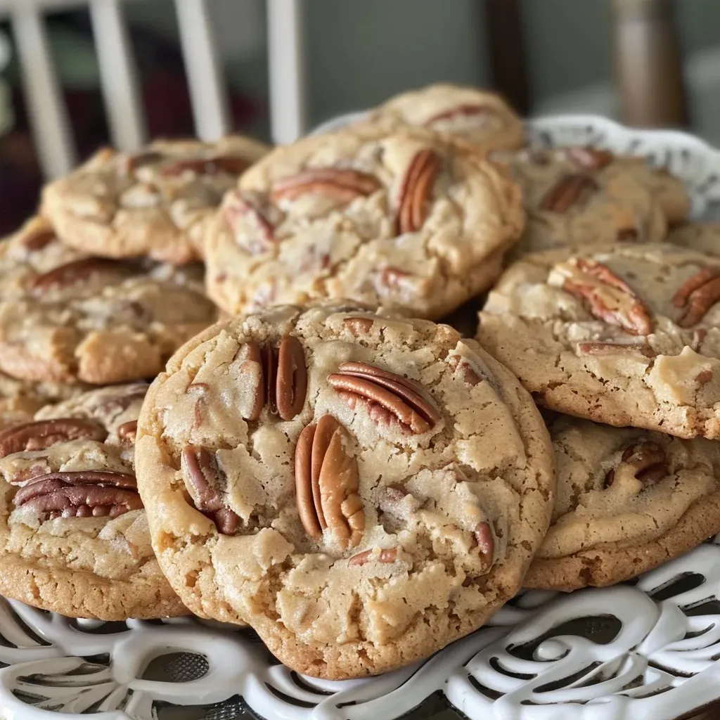 Side view of freshly baked Maple Pecan Cookies sprinkled with powdered sugar.