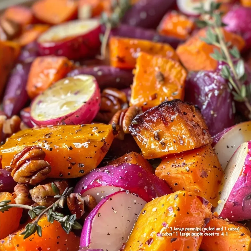 Side view of colorful roasted vegetables drizzled with maple syrup.