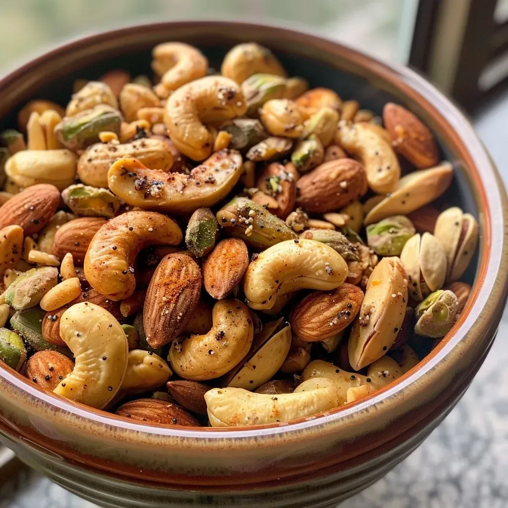 Side view of assorted masala nuts arranged in a dish, highlighting their vibrant spices and textures.