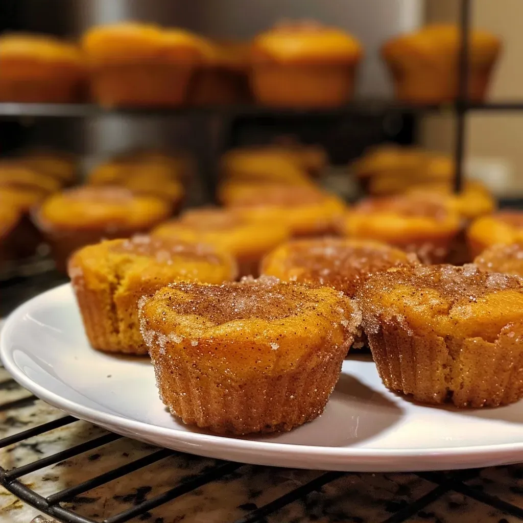 Side angle of fluffy mini cinnamon sugar pumpkin muffins with a tempting glaze.