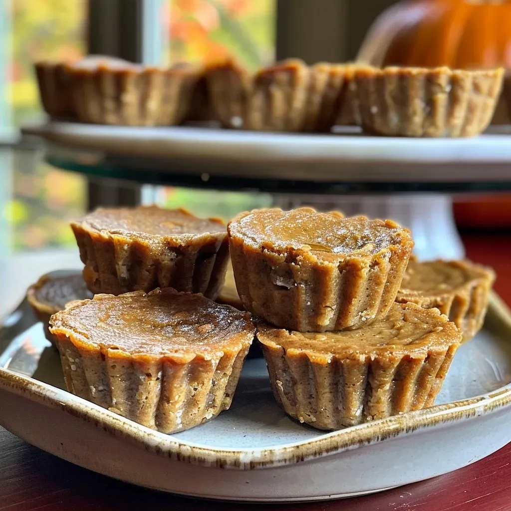 Side view of delicious mini pumpkin pie cups served on a rustic wooden table.