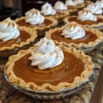 Close-up view of mini pumpkin pies with a golden crust.