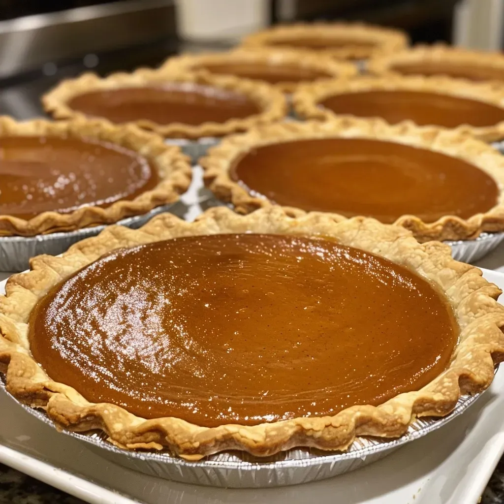 Side profile of delicious mini pumpkin pies topped with whipped cream.