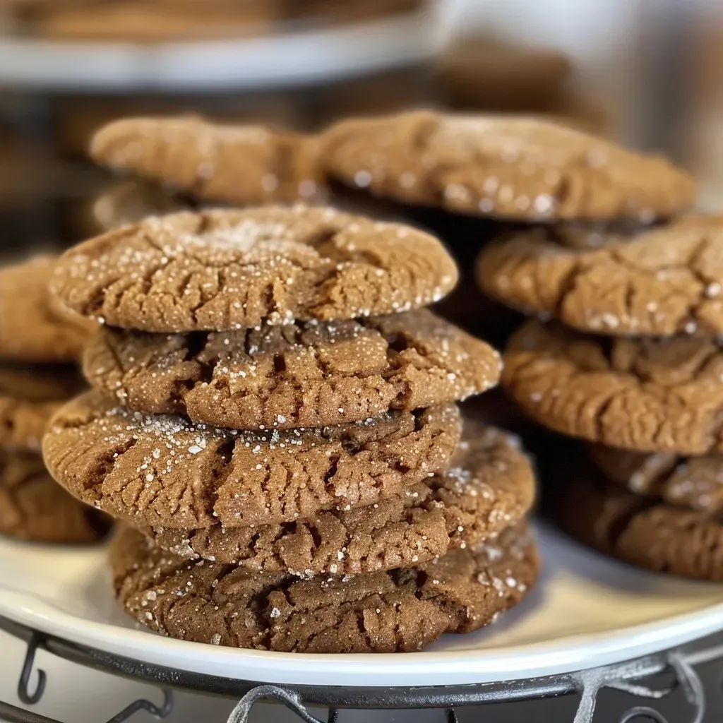 Side view of soft and chewy Molasses Crinkle Cookies, showcasing their crackled texture and rich color.