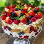 Close-up view of a layered mixed berry trifle with strawberries, blueberries, raspberries, and blackberries.