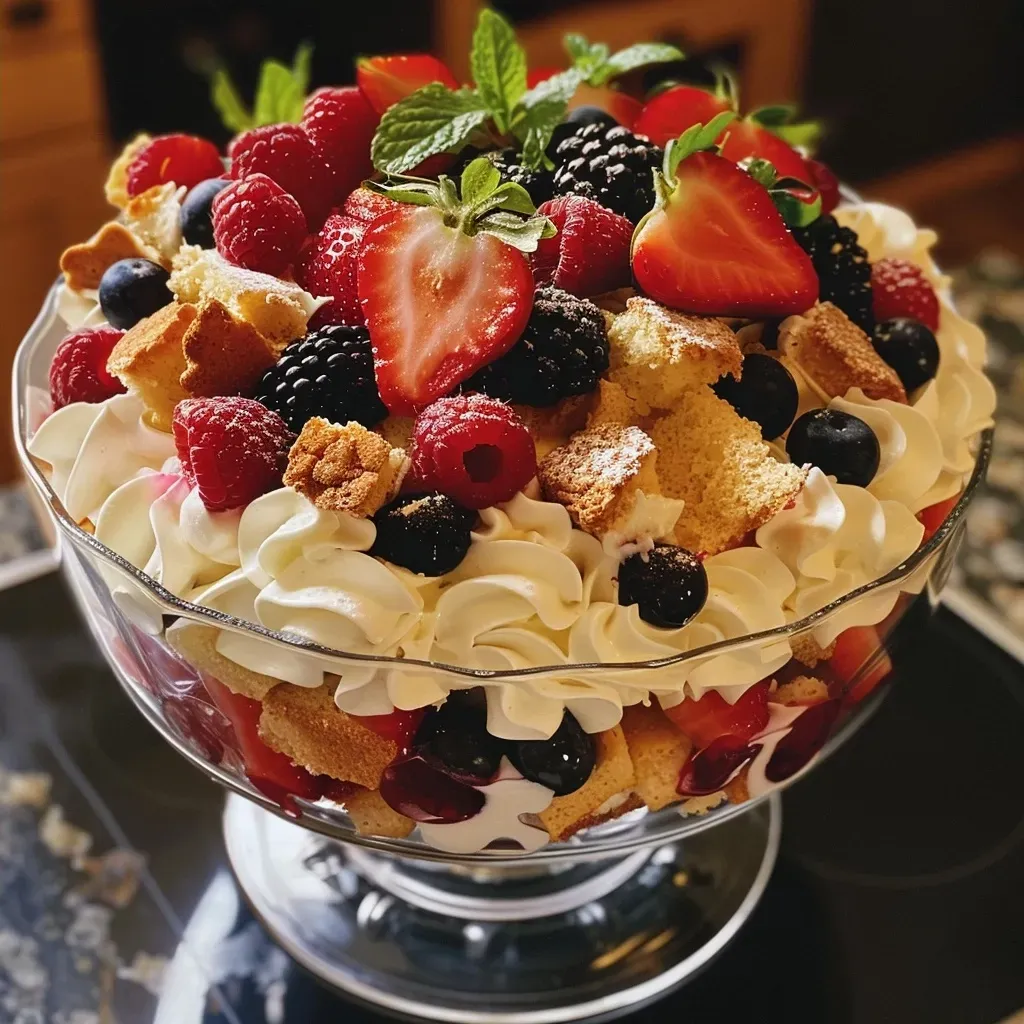 Side view of a colorful no-bake mixed berry trifle in a glass dish, showcasing layers of berries and cream.