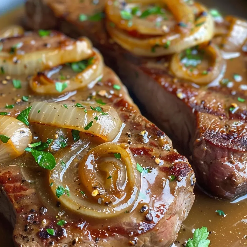 Appetizing sirloin steak drenched in rich onion gravy, garnished with parsley.