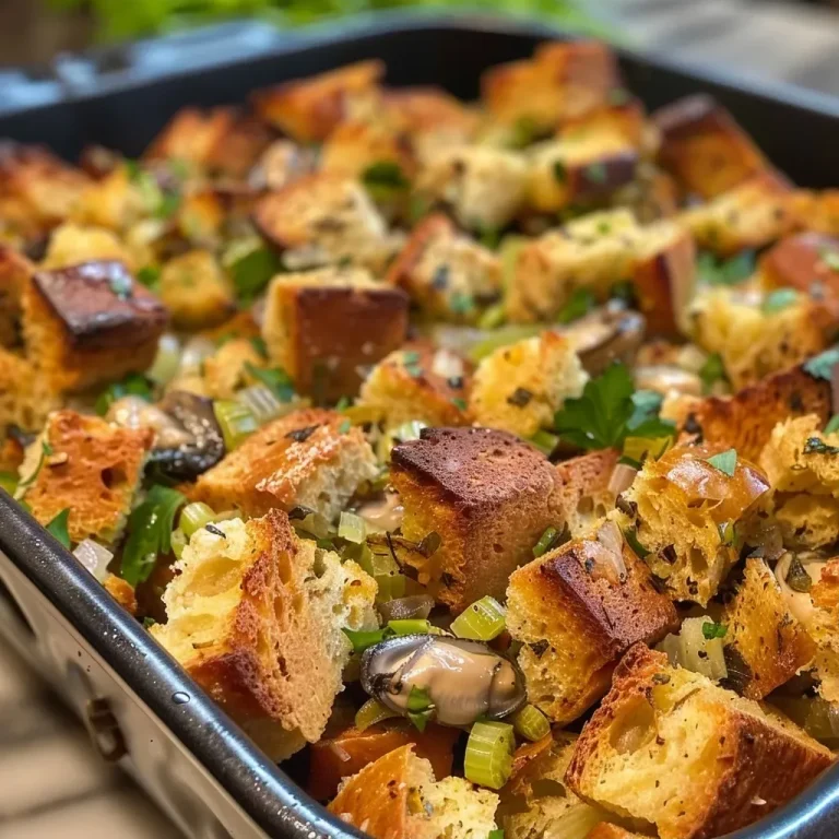 Nostalgic Oyster Stuffing: A Heartfelt Connection to Family Gatherings Close-up side view of Oyster Stuffing featuring golden-brown bread cubes with herbs.