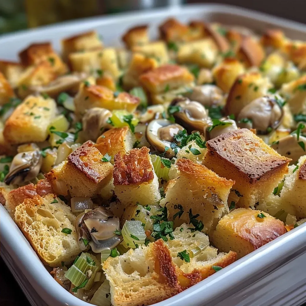 Juicy Oyster Stuffing garnished with fresh parsley, showcasing crispy edges and tender center.